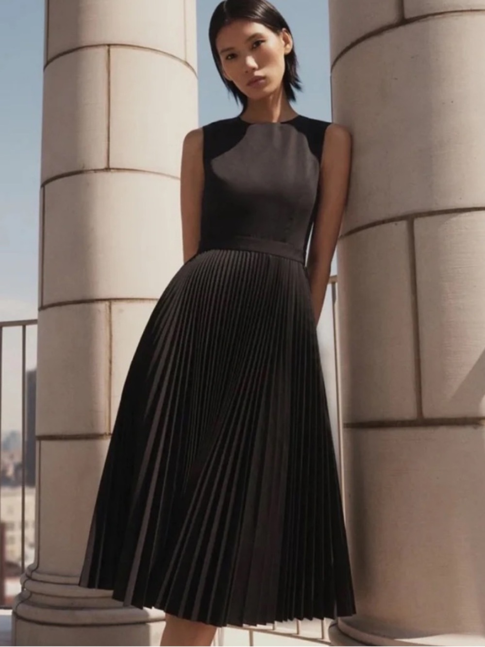 Theory Pleated Midi Dress in Sleek Poplin